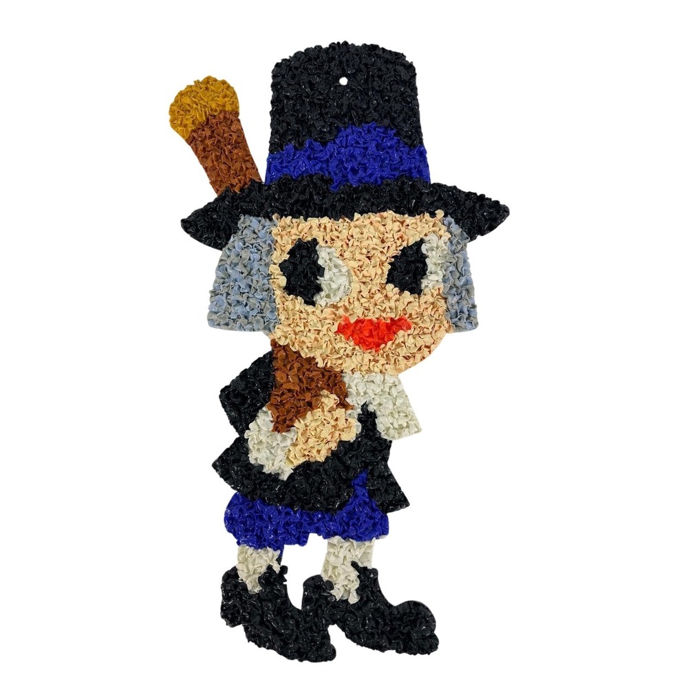 Melted Plastic Popcorn Pilgrim Boy Fall Thanksgiving Wall Decor 21″ Vintage
